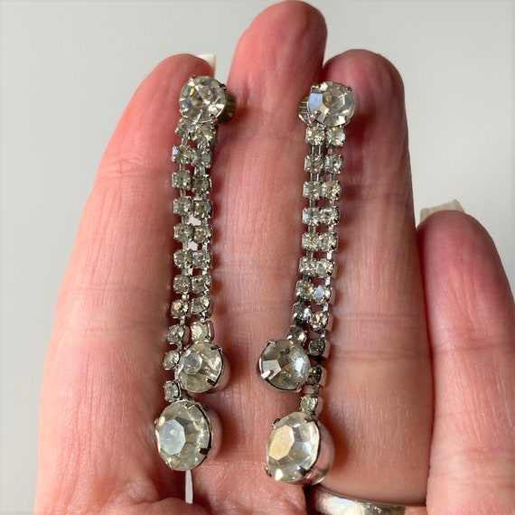 Vintage Rhinestone Waterfall Clip On Earrings, Lo… - image 4