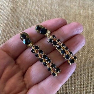 Vintage French Jet Dangle Clip On Earrings, Made in Austria Rhinestone Earrings, 1960s Art Deco Style Non Pierced Earrings, Jet Earrings