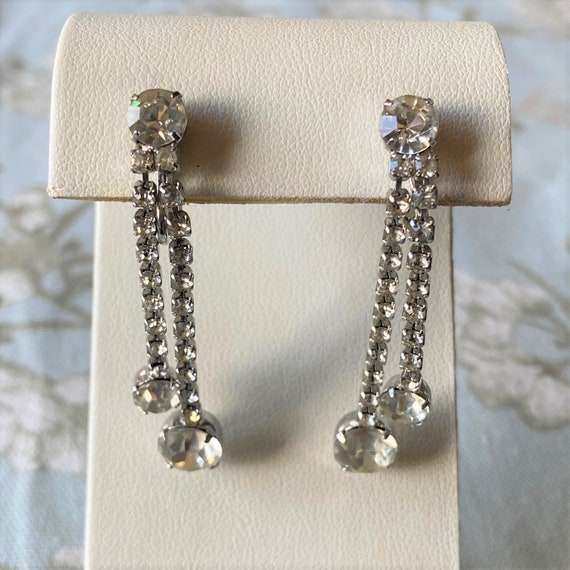 Vintage Rhinestone Waterfall Clip On Earrings, Lo… - image 1