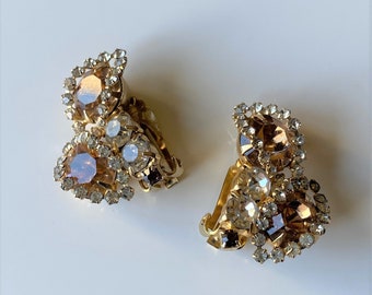 Vintage Citrine Rhinestone Clip On Earrings, 1960s Gold Tone Prong Set Rhinestone Ear Climbers, Crystal Statement Earrings, Bridal Earrings