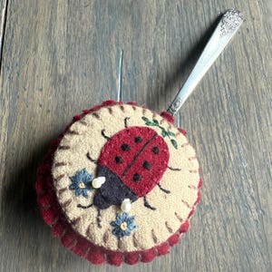Vintage Hand Made Ladybug Spoon Pincushion, Embroidered Wool Pin Cushion, One of A Kind Pin Cushion, Sewing Accessory, Sewing Room Decor