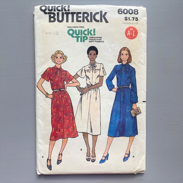 Vintage 70s Midi Dress Pattern, Keyhole Bow Tie Loose Fitting Dress, Butterick 6008 Boho Dress Pattern, Size 12,  Bust 34, UNCUT