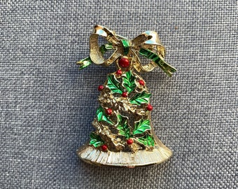 Vintage Gerry's Christmas Bell Brooch Pin, Large Gold Tone Enamel Dangling Christmas Bell Brooch Pin, Retro Christmas Brooch