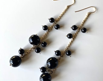 Vintage Black Ball Linear Drop Earrings, Gold Tone Round Black Bead Dangle Earrings, French Jet Dangle Earrings, Black Bonbon Earrings