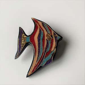 Vintage Tropical Fish Brooch Pin, Striped Enamel & Gold Glitter Angelfish Brooch Pin, Large Figural Fish Pin, Nautical Pin, Ocean Pin