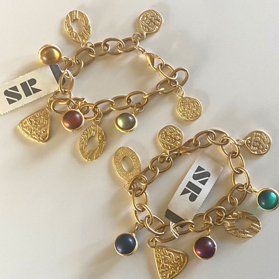Vintage Retro 80s Colorful Orb Charm Link Bracelet Chunky Gold
