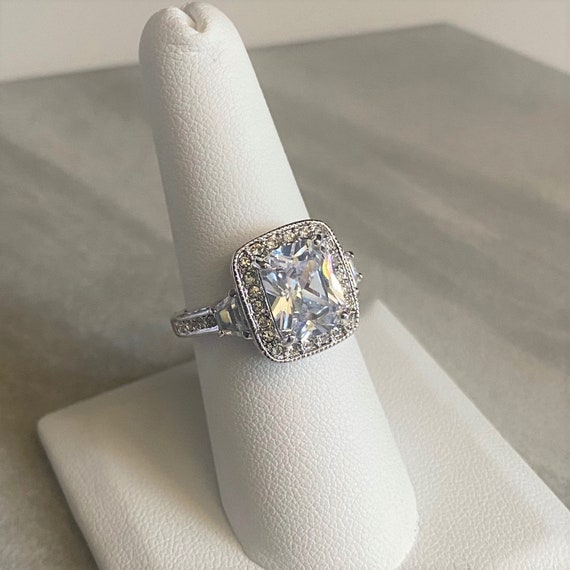 Vintage Radiant CZ Halo Ring, Silver Tone Radiant 