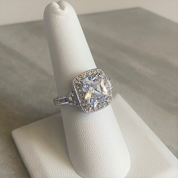 Vintage Radiant CZ Halo Ring, Silver Tone Radiant Cut Cubic Zirconia Ring, Diamond Simulant Cocktail Ring, Engagement Ring, Size 7 1/2