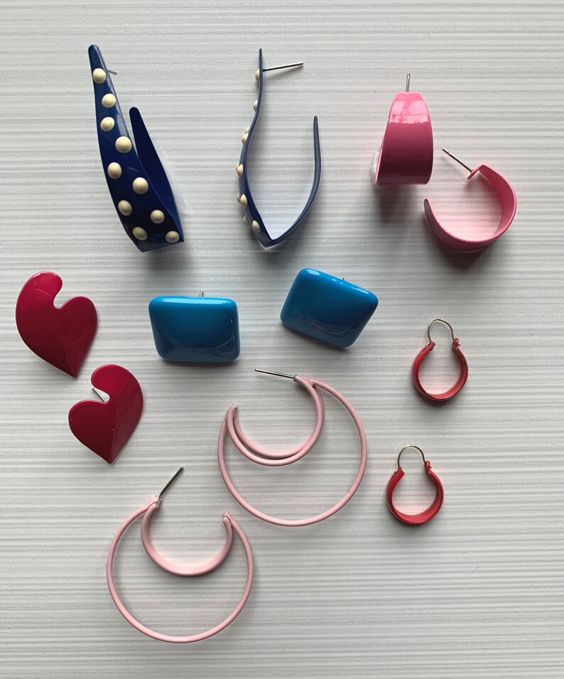 80s Earrings Lot Vintage Bright Colorful 80s Post Earrings Blue Polka Dot Hoops Retro Earrings Lot Big Pink Hoops