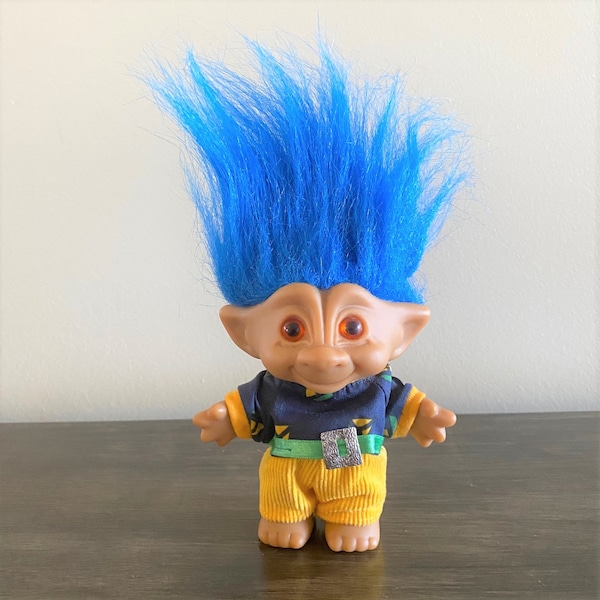 Vintage Ace Novelty 4.5" Treasure Troll Blue Hair, Red Star Jewel Troll Doll With Clothes, Orange Eyes, 90s Troll Doll