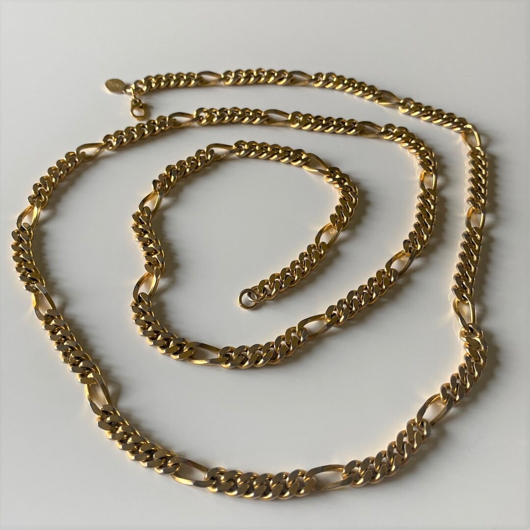 Vintage Gold Plate Figaro Chain Necklace, Designer Chain Link Necklace, Diamond Cut