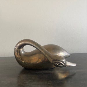 Vintage Brass Swan Figurine, Large Heavy Solid Brass Swan Sculpture, Curved Neck, Swan Statue, Vintage Brass Decor