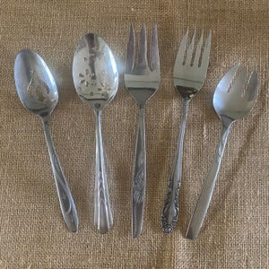 Vintage Retro Eclectic Stainless Serving Utensils, 5 Mismatched MCM Pierced Spoons & Meat Forks, Mid Century Serving Ware, Event Flatware