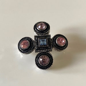 Vintage Rhinestone Maltese Cross Brooch Pin, Silver Tone Blue Pink Rhinestone Brooch Pin, Chunky Cross Brooch Pin