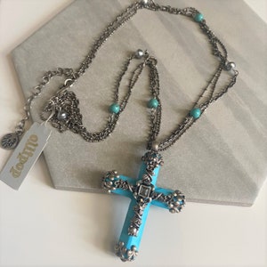 Vintage 90s Olipop Gothic Style Cross Pendant Necklace, Magnesite? Turquoise Cross Necklace, Filigree & Czech Glass Accents, Multi Chain