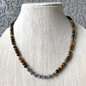 Vintage Tiger Eye Necklace, 6 MM Yellow Tiger&#39;s Eye Bead Necklace, Golden Brown Gemstone Necklace, Healing Crystal Necklace, 20&quot; Long