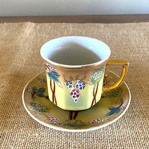 Antique Imperial NIPPON Demitasse Cup & Saucer, Hand Painted Porcelain Grapes Vines Leaves Moriage Gold Nippon Antique Japanese Porcelain