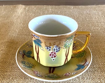 Antique Imperial NIPPON Demitasse Cup & Saucer, Hand Painted Porcelain Grapes Vines Leaves Moriage Gold Nippon Antique Japanese Porcelain