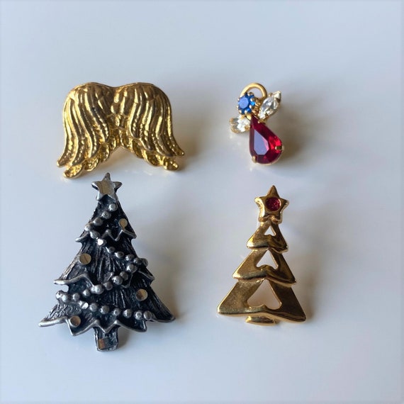 Vintage Christmas Lapel Pin Lot, Crystal Angel Pi… - image 1