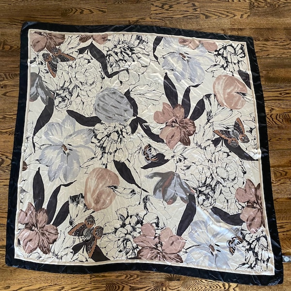 Vintage Vince Camuto Butterfly Floral Scarf, Gray Black Beige Blush Pink Designer Scarf, Monochrome Scarf Wrap, 47" Square Spring Scraf