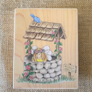 Vintage Lilly Pilly Fairy Wishes Granted Wooden Stamp, Wishing Well Birds Spring Fairy Rubber Mount Stamp, Scrapbooking, Paper Craft Supply