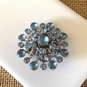 Vintage 1950s Blue Frosted Glass Brooch, Silver Tone Light Blue Rhinestone Atomic Brooch, Layered Circular Starburst Brooch