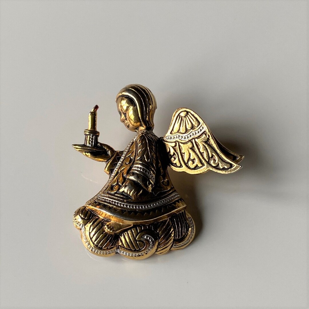 Vintage Faux Damascene Angel Brooch, Mid Century Toledo Espagne Broche ...