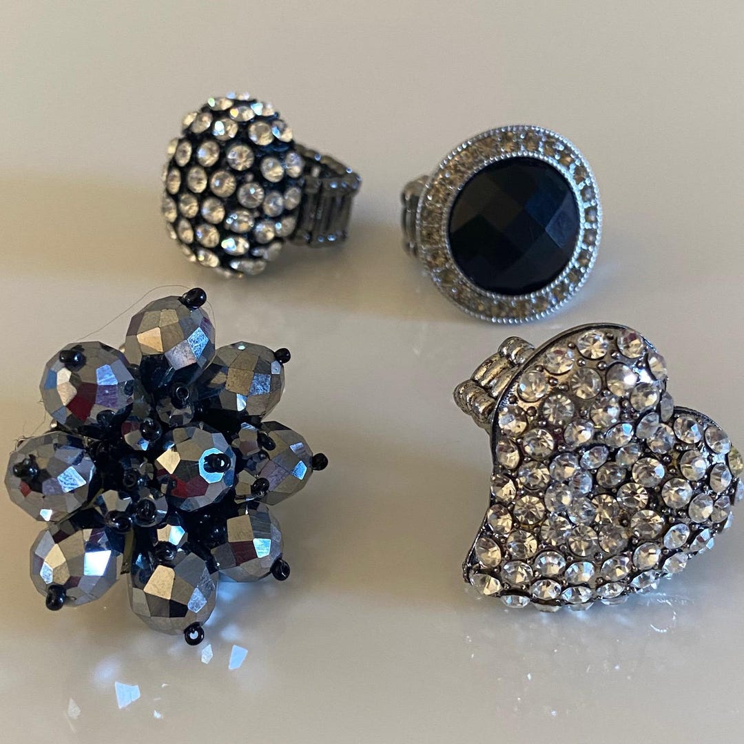 Vintage Rhinestone Stretch Ring, Choose Big Flower, Heart, Oval or ...