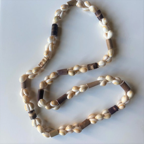 Vintage Sea Urchin Cowrie Shell Necklace, Long Ha… - image 1