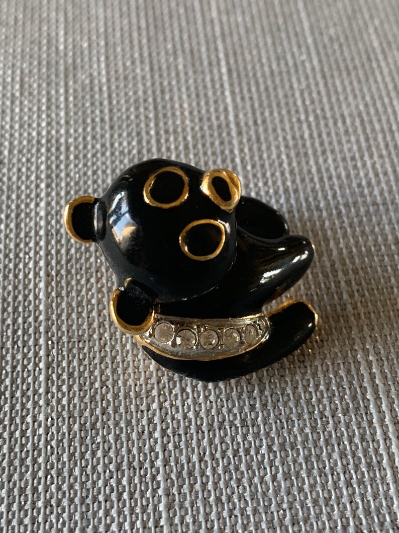 Bobble Head Black Bear Brooch Pin Animal Brooch Pin Vintage Black Enamel Rhinestone Bobblehead Bear Brooch Pin