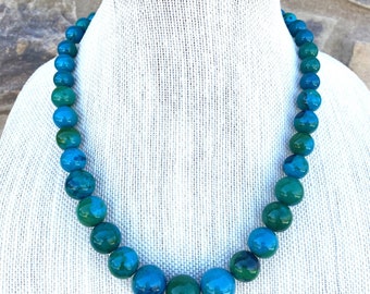 Vintage Sterling Silver Chrysocolla Necklace, Chunky Graduated Green Blue Gemstone Necklace, Chrysocolla Bead Necklace, 19 1/2" L