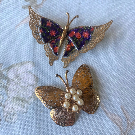 Vintage Retro 70s Butterfly Pins Set of Two Gold Tone Butterfly