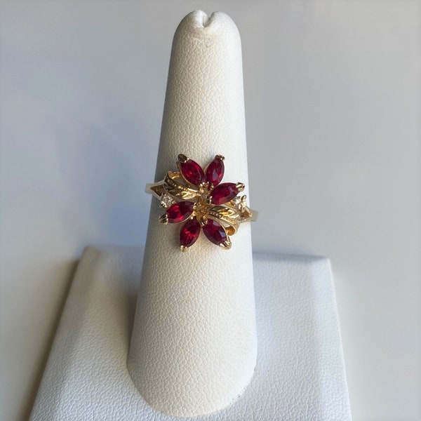 Vintage Faux Ruby Cocktail Ring, Gold Tone Red Rhinestone Ring, Rhinestone Multi Stone Statement Ring, Faux Ruby Dinner Ring, Size 7 1/2