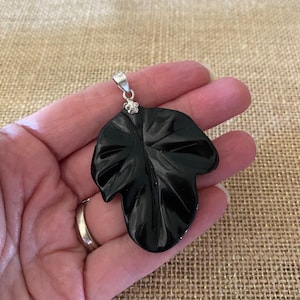 Vintage Carved Onyx Leaf Pendant, Shiny Black Leaf Shaped Onyx Pendant, Sterling Silver Clasp, Signed