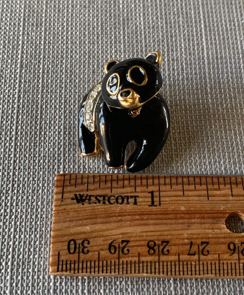 Bobble Head Black Bear Brooch Pin Animal Brooch Pin Vintage Black Enamel Rhinestone Bobblehead Bear Brooch Pin