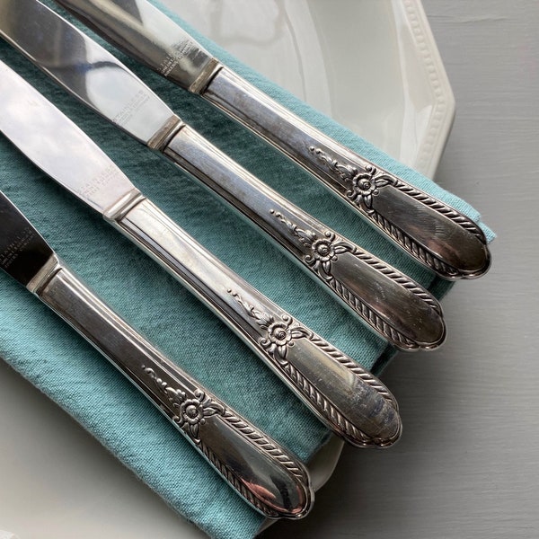 Vintage Ornate Silver Plate Knives, Set of 4 Simeon L & George H Rogers Co. Silver Plated Knives, Rose Floral Pattern