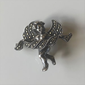 Vintage Judith Jack Sterling Silver & Marcasite Cherub Brooch, Art Deco Style 925 Silver Cupid Brooch Pin, Marcasite Brooch, Angel Brooch