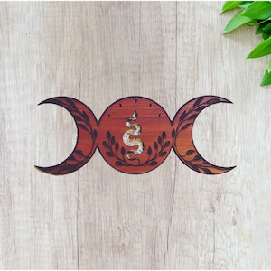 Wood Triple Goddess Moon Wall Decor With Moon Phase, Snake, and Floral Crescent Moon Wall Hanging Witchy Decor, Alter Decoration