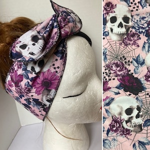 wired headbands, floral skeleton skull rose hair bow head wrap, pink pastel goth, bandana, pinup pin up pin-up girl, rockabilly psychobilly