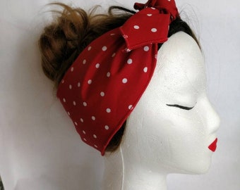 Rosie the riveter headband, Minnie mouse easy costume, red white dots bandana, wired headband, rockabilly costume, bow mask maker gift