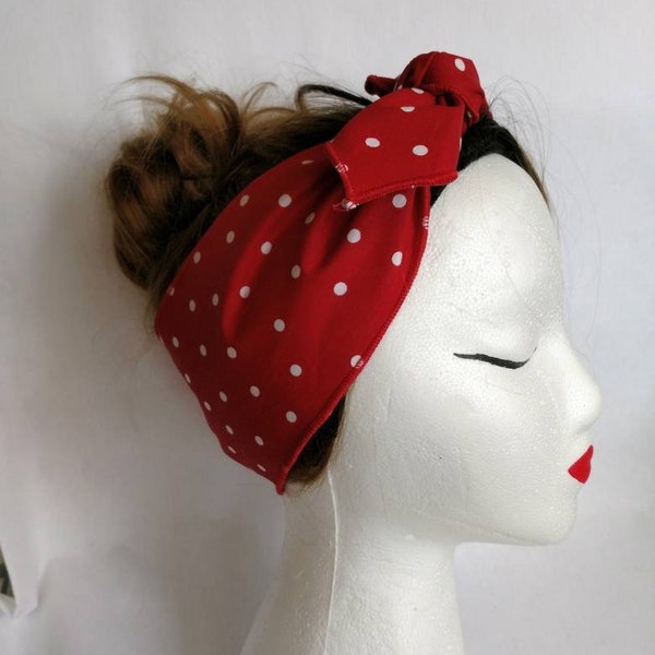 Rosie the riveter headband, Minnie mouse easy costume, red white dots bandana, wired headband, rockabilly costume, bow mask maker gift