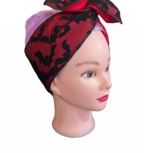 Headband hair wrap scarf hand made bat lace overlay black and white pin up psychobilly goth horror punk hair bow spooky glam bats Halloween