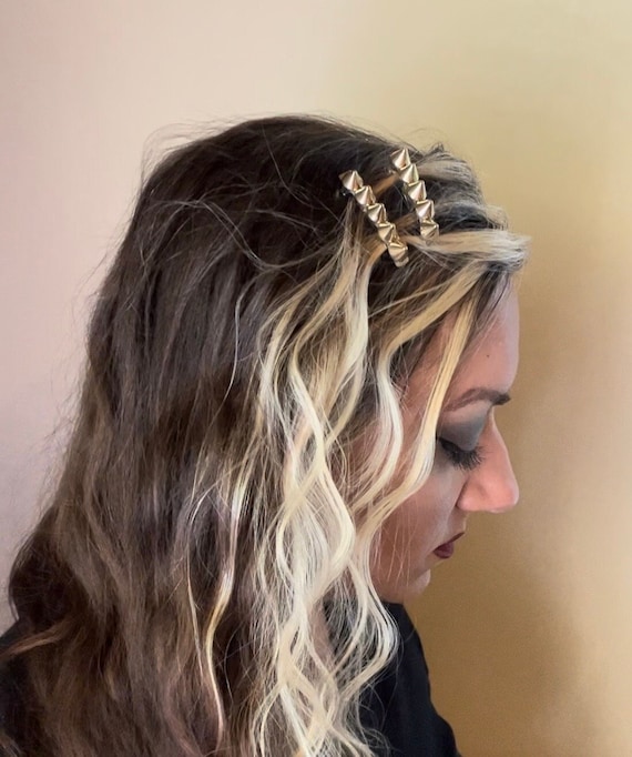 Pair of GOLD Spiked Barrettes, Cone Studded Hair Clip