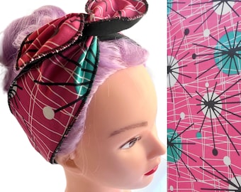 Wire headbands, wired headwraps, reversible dolly hair bows, hair accessories, rockabilly, pink teal atomic print pin up girl pinup pin-up