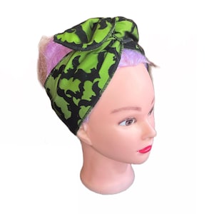 Headband hair wrap scarf hand made bat lace overlay black and white pin up psychobilly goth horror punk hair bow spooky glam bats Halloween