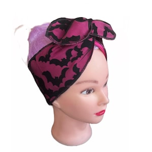 Headband hair wrap scarf hand made bat lace overlay black and white pin up psychobilly goth horror punk hair bow spooky glam bats Halloween