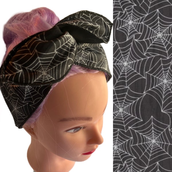 spiderweb wired headband black reversible handmade pin up hair accessory turban hair bow easy hair day psychobilly punk black gray