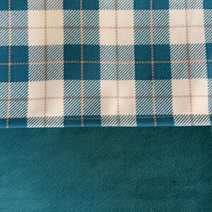 May include: A close-up of a teal and white plaid fabric. The plaid pattern features teal and beige lines, creating a classic checkered design. Below the plaid is a solid teal fabric with a soft, textured appearance. The image showcases a textile.