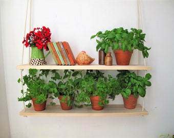 Hanging Shelf, Kitchen Herb Garden,Windowsill Herb Garden, Indoor Planter, House Plant Shelf, Bedroom, Bathroom, Plant Hanger, Rope and Wood