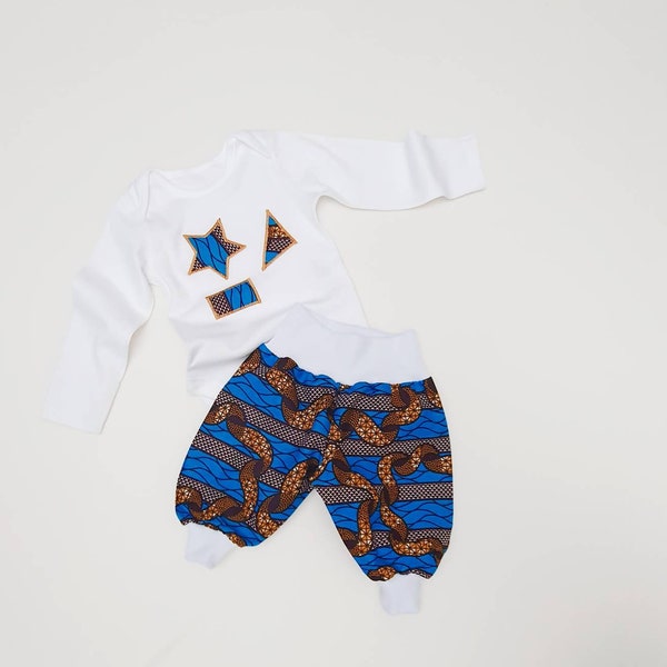 Ensemble pantalon bébé onesie imprimé africain bleu et or ankara